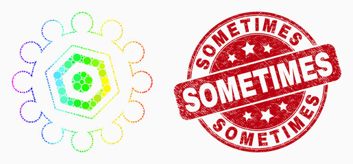 Obraz premium Dot spectral gear mosaic icon and Sometimes stamp. Red vector rounded distress seal stamp with Sometimes text. Vector combination in flat style. Colorful gradiented gear mosaic of random circles,