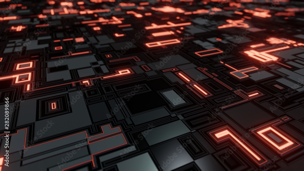 Poster 3d rendering of abstract circuit pcb board with glowing led red color. concept for technology backgr