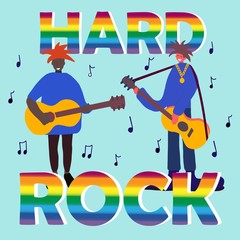 Hard rock band musicians. Music concert. Modern sound. Typography, hard rock lettering, group of musicians, concept for banners, invitations, prints, cards, business cards and invitations