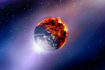 View of looking burns planet earth on space galaxy and star background , Global warming concept ,...
