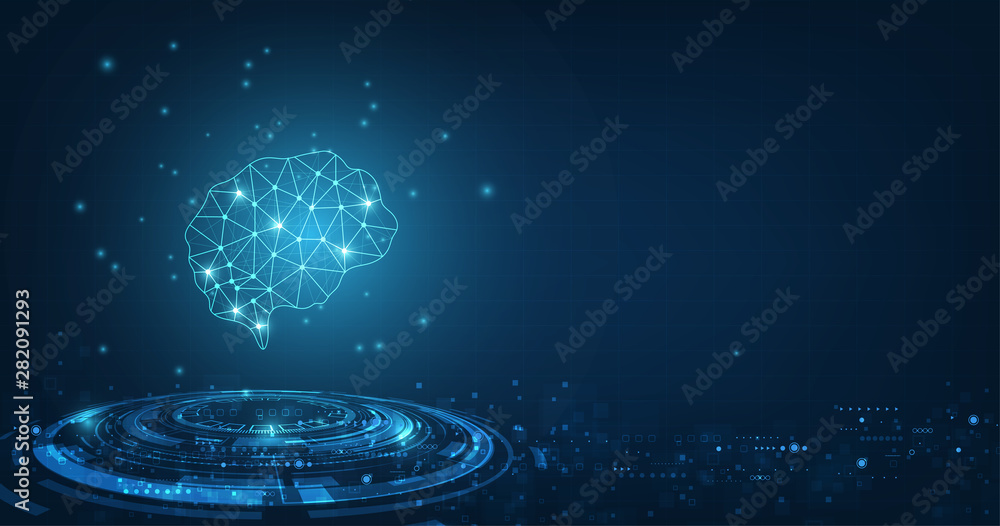 Poster technology concept.vector abstract polygonal human brain shape of an artificial intelligence with li