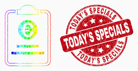 Obraz premium Dotted bright spectral euro price pad mosaic pictogram and Today'S Specials watermark. Red vector round grunge watermark with Today'S Specials phrase. Vector combination in flat style.