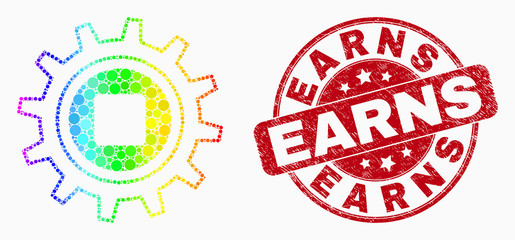 Dotted bright spectral gear mosaic icon and Earns seal stamp. Red vector round scratched stamp with Earns message. Vector composition in flat style. Colored gradiented gear mosaic of random circles,