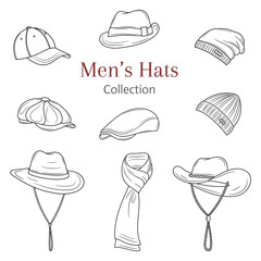 Men's hats collection, vector illustration.