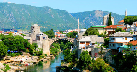 Bosnia and Herzegovina, Mostar with mosque and turquoise river - obrazy, fototapety, plakaty