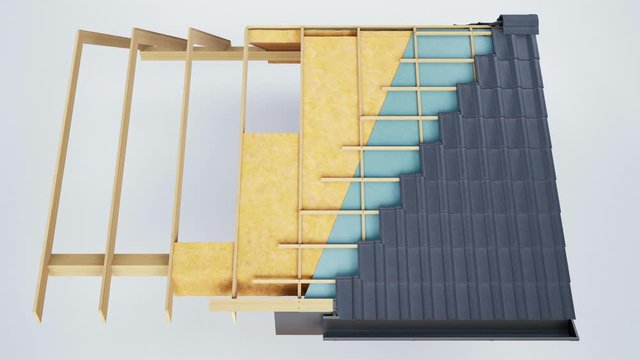 Cross section of roof construction, constructive and technological layers, grey classic tiles. Camera slides. 60 fps animation.