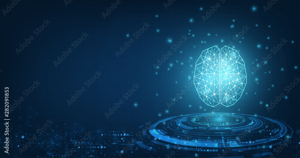 Poster technology concept.vector abstract polygonal human brain shape of an artificial intelligence with li