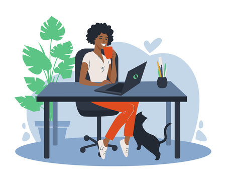 African American woman using laptop flat vector illustration. Working from home, remote job. Online shopping