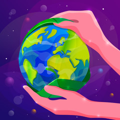 Save the Planet Earth concept vector illustration. Human hands cover the Planet with green leaf.