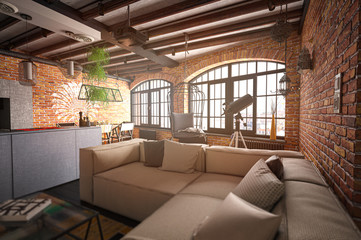 Fototapeta premium Sofa und Küche in moderner Loft (3d rendering)