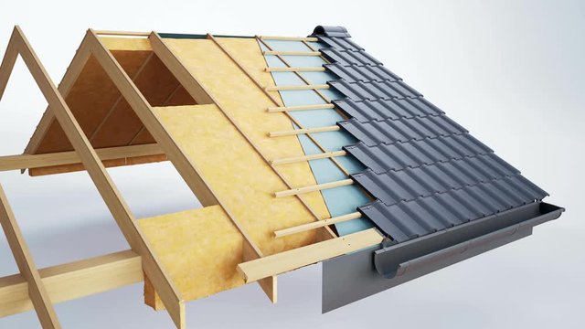 Technical cutaway of roof construction, constructive and technological layers, grey classic tiles. 60 fps animation.