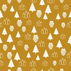 Elegant Christmas Gold Background with White Snowflakes. Vector illustration. Wrapping paper. Seamless graphic pattern