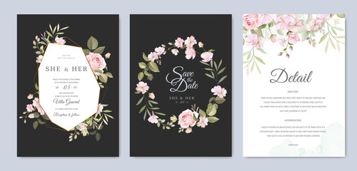 wedding invitation card with beautiful floral and leaves template