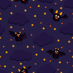 Happy Halloween styly vector seamless pattern with cute black bats flying on dark night sky with stars and clouds.