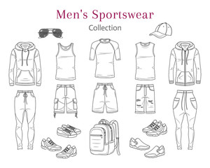 Men's Sportswear Collection. Sport clothes, hoodie, t shirts, sweet pants, shorts, sneakers , baseball cap, vector sketch illustration, isolated on white background.