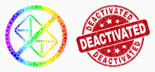 Dotted rainbow gradiented stop letter mosaic pictogram and Deactivated seal stamp. Red vector round distress seal with Deactivated title. Vector combination in flat style.