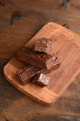 top view pile chocolate cream filled cake bars