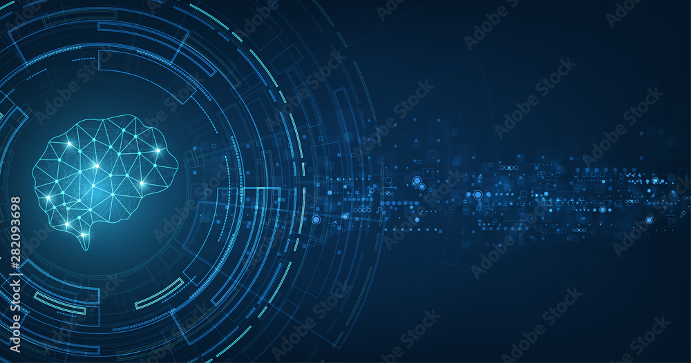 Poster technology concept.vector abstract polygonal human brain shape of an artificial intelligence with li