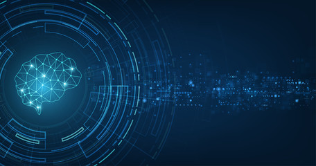 technology concept.vector abstract polygonal human brain shape of an artificial intelligence with line dots and shadow on dark blue color background