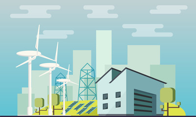 Fototapeta premium Clean energy flat illustration. Vector illustration of modern green eco factory building. olar panels and wind turbines in the background.