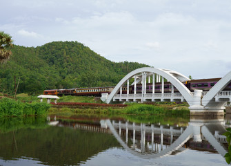 Diesel Train passing the Tha Chom Phu railway bridge or white bridge