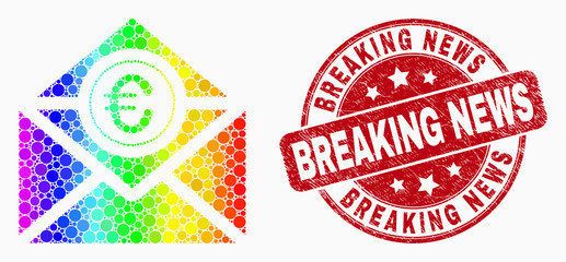 Pixel bright spectral euro mail mosaic icon and Breaking News stamp. Red vector round textured seal stamp with Breaking News message. Vector collage in flat style.