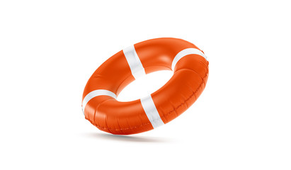 Blank red lifebuoy no gravity mock up isolated, 3d rendering. Empty flotation ring mockup. Clear...