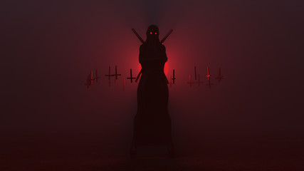 Black Seductive Vampire Devil in a Futuristic Haute Couture Full Body Shrink  Wrapped and Upside Down Floating Crosses an 2 Swords Abstract Demon in a Foggy Void 3d illustration 3d render  	