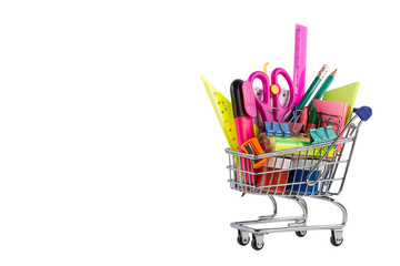 Shopping cart with School stationery on white background.
