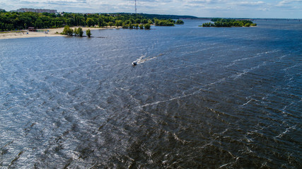 Aerial view of speed boat on water 