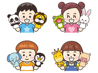 子供と動物パペット