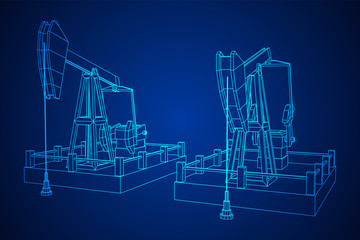 Oil well rig jack. Finance economy polygonal petrol production. Petroleum fuel industry pumpjack derricks pumping drilling. Wireframe low poly mesh vector illustration