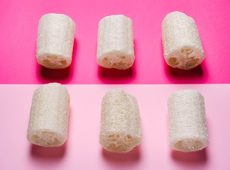Loofah on a pink background. Organic natural sponge.