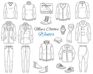 Men's Fashion set, clothes and accessories, winter outfit: coats, jackets, pants, shirts, suits, sweaters, shoes, hats and backpack, vector sketch illustration, isolated on white.