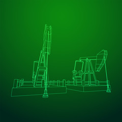 Oil well rig jack. Finance economy polygonal petrol production. Petroleum fuel industry pumpjack derricks pumping drilling. Wireframe low poly mesh vector illustration