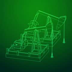 Oil well rig jack. Finance economy polygonal petrol production. Petroleum fuel industry pumpjack derricks pumping drilling. Wireframe low poly mesh vector illustration