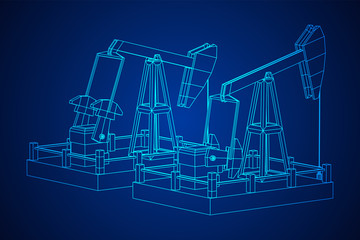 Oil well rig jack. Finance economy polygonal petrol production. Petroleum fuel industry pumpjack derricks pumping drilling. Wireframe low poly mesh vector illustration