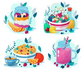 Set of four beatiful healthy food vector illustrations: berry smoothie, vegetable salad, chia seed pudding, oatmeal with cup of tea. Healthy eating