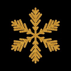Set glitter snowflakes on black background with glowing lights. Golden sparks on a black backdrop. Kit for decorating festive greeting cards.