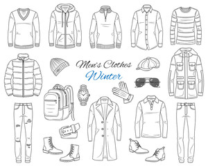 Men's Fashion set, clothes and accessories, winter outfit: coats, jackets, pants, shirts, suits, sweaters, shoes, hats and backpack, vector sketch illustration, isolated on white. © Shorena Tedliashvili