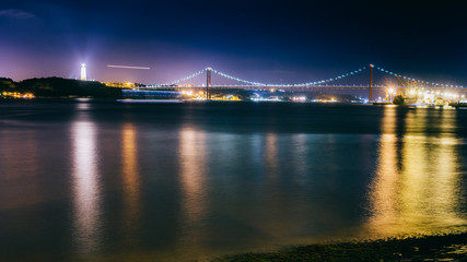 Fototapeta na wymiar Panorama of 25th April Bridge in Lisbon, Portugal crossing the Tagus river at night. On left is the Cristo Rei Statue, Portugal