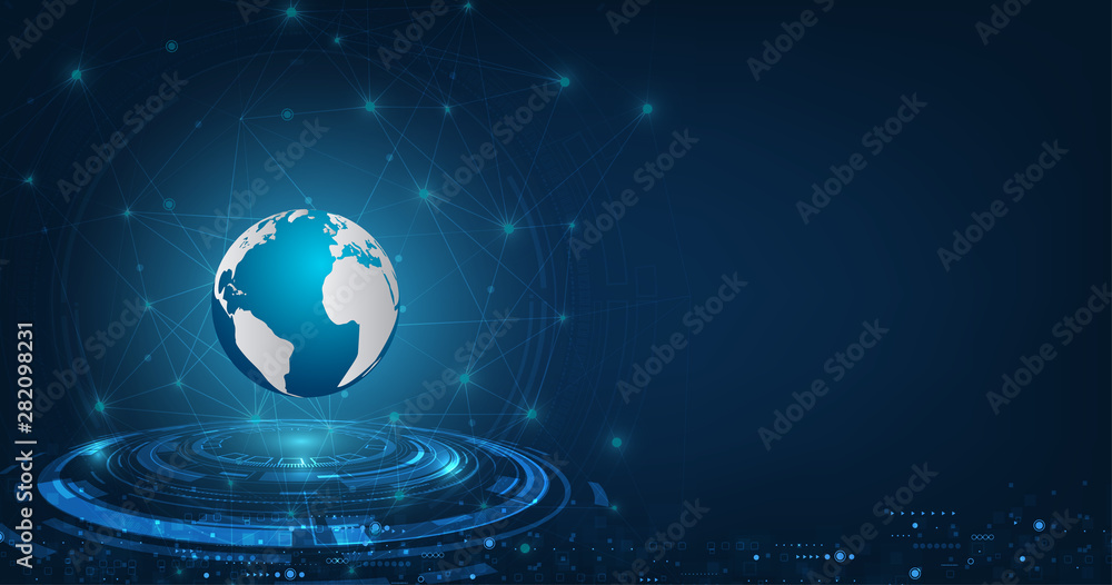 Poster vector abstract futuristic global technology connection network communication on dark blue color bac