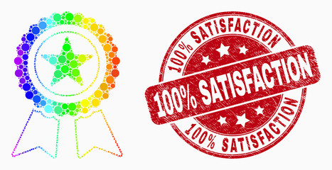 Naklejka premium Pixel bright spectral star award mosaic pictogram and 100% Satisfaction seal stamp. Red vector round scratched seal with 100% Satisfaction title. Vector combination in flat style.