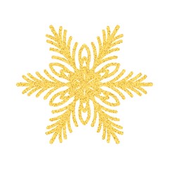 Set glitter snowflakes on white background with glowing lights. Golden sparks on a black backdrop. Kit for decorating festive greeting cards.