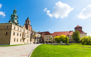 Fototapeta na wymiar Wawel castle yard with lawn, panoramic view