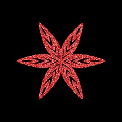 Shining red snowflakes and snow. Merry Christmas card illustration on black background. Sparkling element with glitter texture