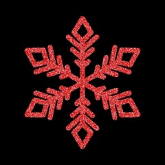 Shining red snowflakes and snow. Merry Christmas card illustration on black background. Sparkling element with glitter texture