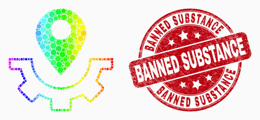 Pixel rainbow gradiented service map marker mosaic icon and Banned Substance seal stamp. Red vector rounded distress seal stamp with Banned Substance text. Vector composition in flat style.