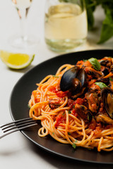 Spaghetti with mussels.