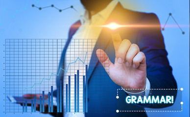 Text sign showing Grammar. Business photo showcasing whole system structure language syntax and...